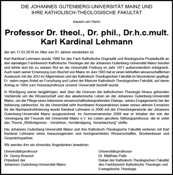 Traueranzeige von Karl Kardinal Lehmann von Trauerportal Rhein Main Presse