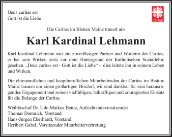 Traueranzeige von Karl Kardinal Lehmann von Trauerportal Rhein Main Presse