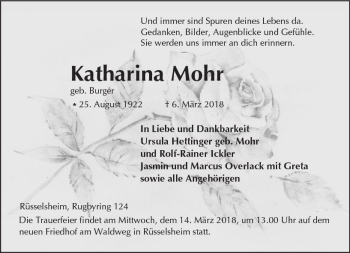 Traueranzeige von Katharina Mohr von Trauerportal Rhein Main Presse