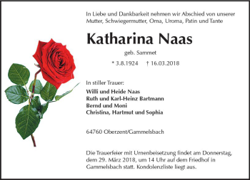 Traueranzeige von Katharina Naas von Trauerportal Rhein Main Presse