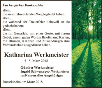 Traueranzeige von Katharina Werkmeister von Trauerportal Rhein Main Presse