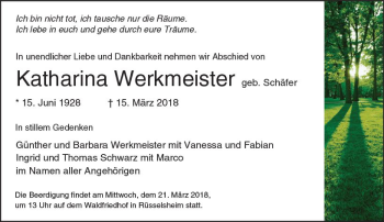 Traueranzeige von Katharina Werkmeister von Trauerportal Rhein Main Presse