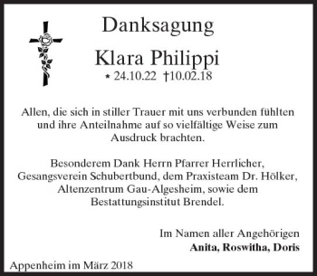 Traueranzeige von Klara Philippi von Trauerportal Rhein Main Presse