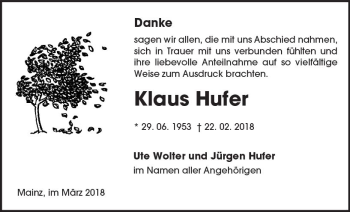 Traueranzeige von Klaus Hufer von Trauerportal Rhein Main Presse