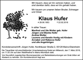 Traueranzeige von Klaus Hufer von Trauerportal Rhein Main Presse
