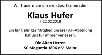 Traueranzeige von Klaus Hufer von Trauerportal Rhein Main Presse