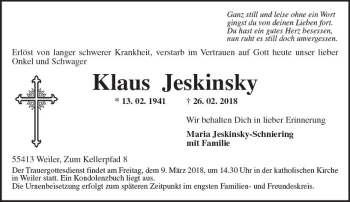 Traueranzeige von Klaus Jeskinsky von Trauerportal Rhein Main Presse