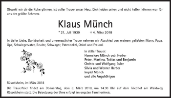 Traueranzeige von Klaus Münch von Trauerportal Rhein Main Presse