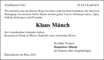 Traueranzeige von Klaus Münch von Trauerportal Rhein Main Presse