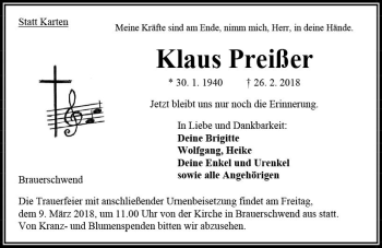 Traueranzeige von Klaus Preißer von VRM Trauer
