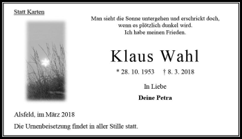 Traueranzeige von Klaus Wahl von VRM Trauer