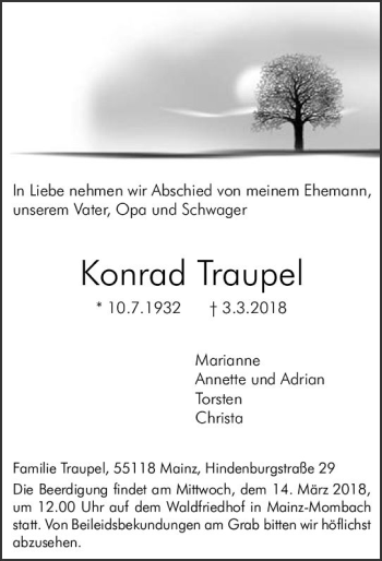 Traueranzeige von Konrad Traupel von Trauerportal Rhein Main Presse