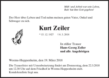 Traueranzeige von Kurt Zeiler von Trauerportal Rhein Main Presse