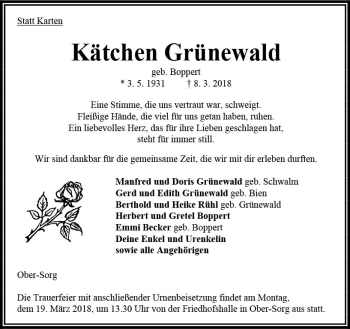 Traueranzeige von Kätchen Grünewald von VRM Trauer