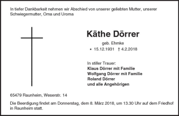 Traueranzeige von Käthe Dörrer von Trauerportal Rhein Main Presse