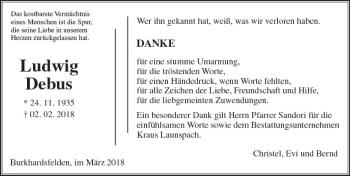 Traueranzeige von Ludwig Debus von  Gießener Anzeiger