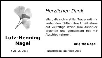 Traueranzeige von Lutz-Henning Nagel von Trauerportal Rhein Main Presse