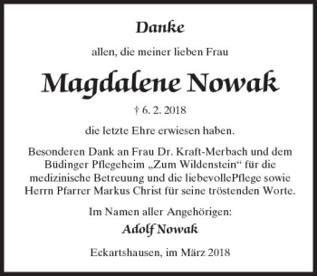 Traueranzeige von Magdalene  Nowak von  Kreisanzeiger