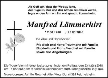 Traueranzeige von Manfred Lämmerhirt von Trauerportal Rhein Main Presse