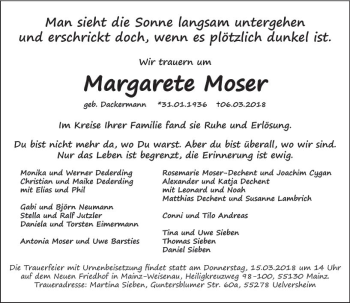 Traueranzeige von Margarete Moser von Trauerportal Rhein Main Presse