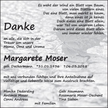 Traueranzeige von Margarete Moser von Trauerportal Rhein Main Presse