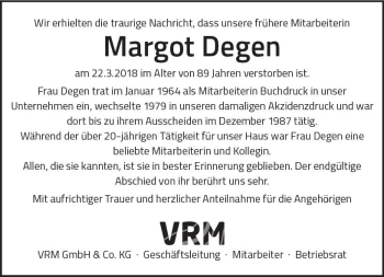 Traueranzeige von Margot Degen von Trauerportal Rhein Main Presse