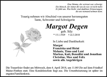 Traueranzeige von Margot Degen von Trauerportal Rhein Main Presse