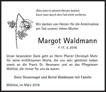 Traueranzeige von Margot Waldmann von Trauerportal Rhein Main Presse