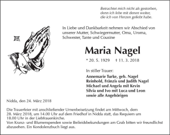 Traueranzeige von Maria Nagel von  Kreisanzeiger