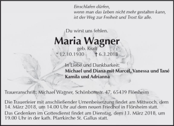 Traueranzeige von Maria Wagner von Trauerportal Rhein Main Presse