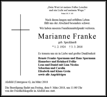 Traueranzeige von Marianne Franke von VRM Trauer