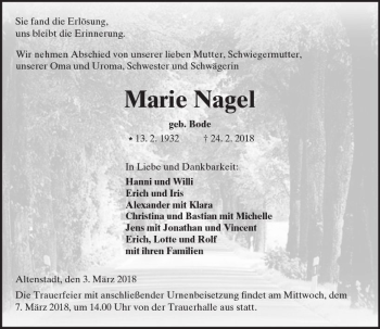Traueranzeige von Marie Nagel von  Kreisanzeiger