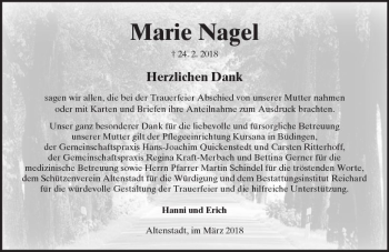 Traueranzeige von Marie Nagel von  Kreisanzeiger