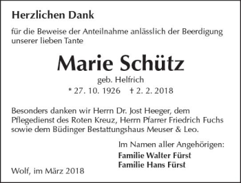 Traueranzeige von Marie Schütz von  Kreisanzeiger