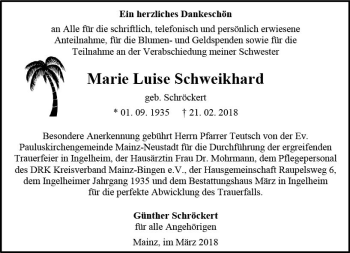 Traueranzeige von Marie Luise Schweikhard von Trauerportal Rhein Main Presse