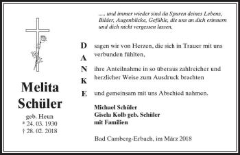 Traueranzeige von Melita Schüler von  Camberger Anzeiger
