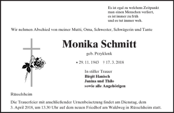 Traueranzeige von Monika Schmitt von Trauerportal Rhein Main Presse