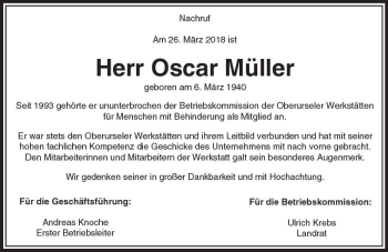 Traueranzeige von Oscar Müller von  Usinger Anzeiger