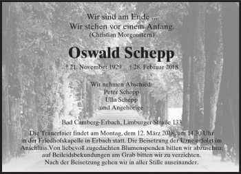 Traueranzeige von Oswald Schepp von  Camberger Anzeiger