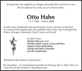 Traueranzeige von Otto Hahn von Trauerportal Rhein Main Presse