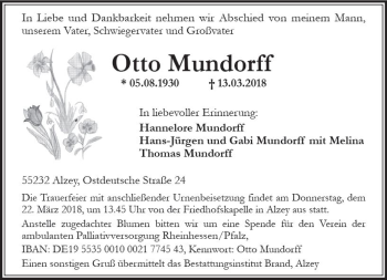 Traueranzeige von Otto Mundorff von Trauerportal Rhein Main Presse