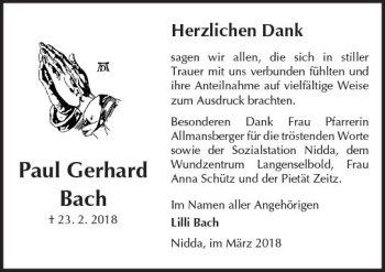 Traueranzeige von Paul Gerhard Bach von  Kreisanzeiger