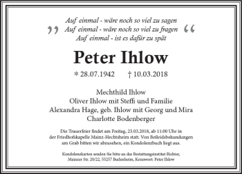 Traueranzeige von Peter Ihlow von Trauerportal Rhein Main Presse