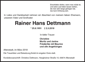 Traueranzeige von Rainer Hans Dettmann von  Kreisanzeiger