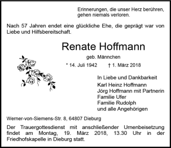 Traueranzeige von Renate Hoffmann von Trauerportal Rhein Main Presse