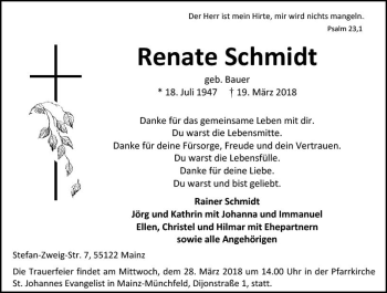 Traueranzeige von Renate Schmidt von Trauerportal Rhein Main Presse