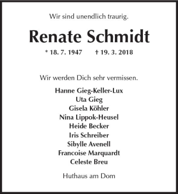 Traueranzeige von Renate Schmidt von Trauerportal Rhein Main Presse
