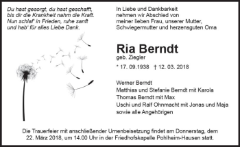 Traueranzeige von Ria Berndt von  Gießener Anzeiger
