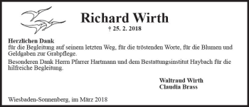 Traueranzeige von Richard Wirth von Trauerportal Rhein Main Presse