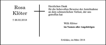 Traueranzeige von Rosa Klöter von Trauerportal Rhein Main Presse